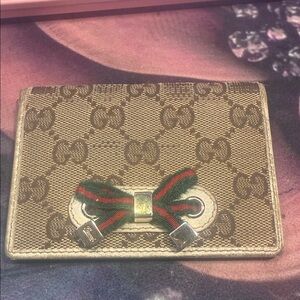 Gucci Tan Card Holder with Red and Green Bow